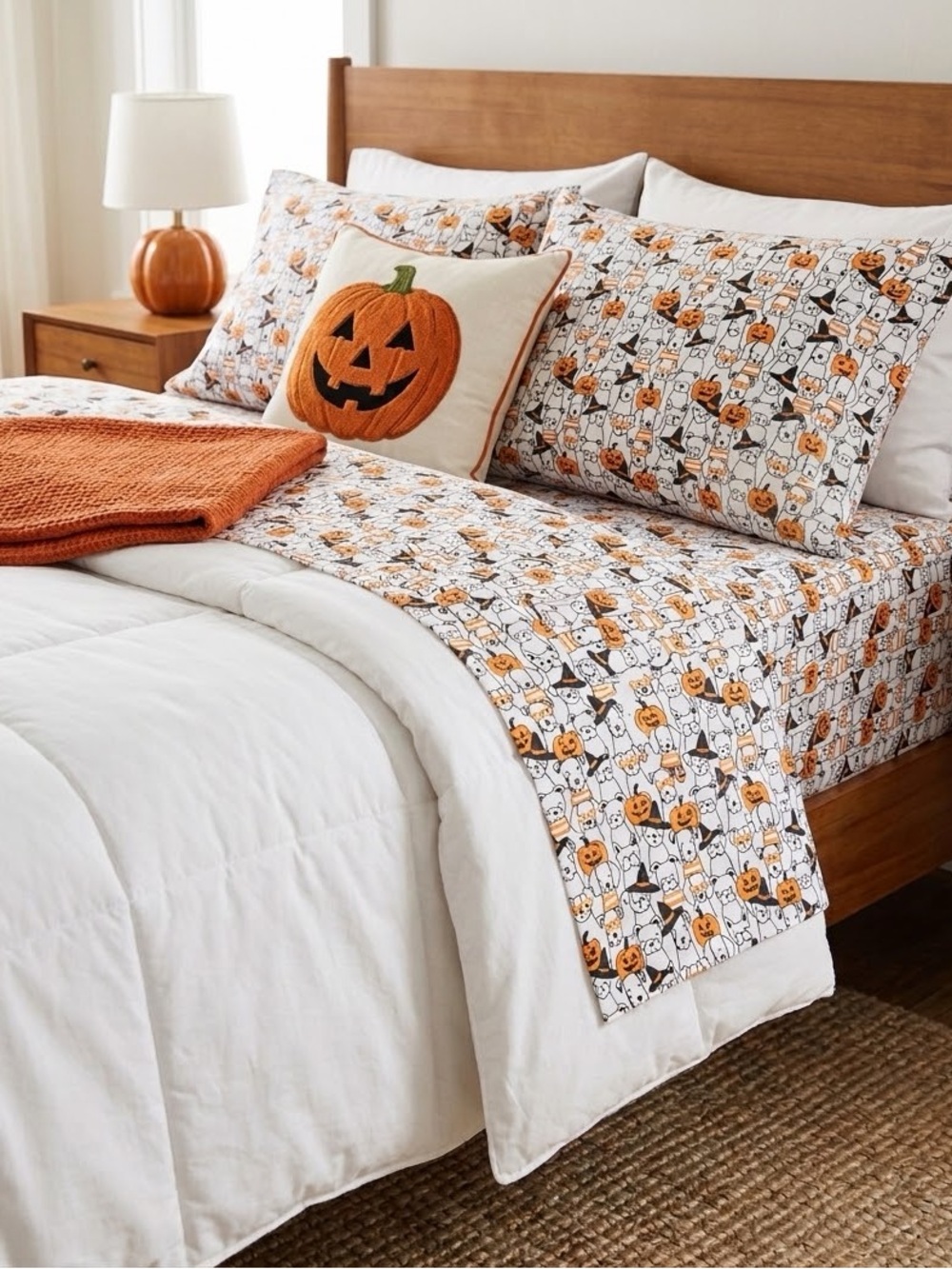 NEW Deborah Connolly Designs Queen Halloween Pumpkin Print Cotton Sheet Set
